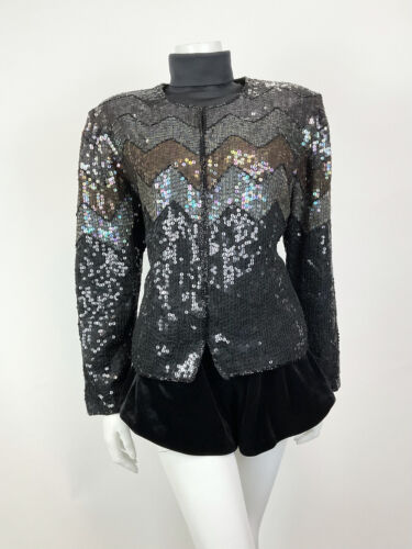 VTG 70s 80s BLACK BRONZE IRIDESCENT DISCO PARTY SEQUIN TROPHY JACKET 14 16