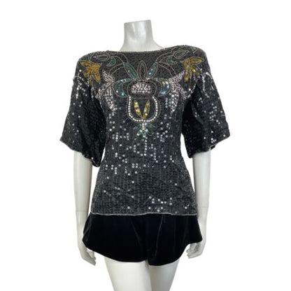 VTG 70s 80s BLACK GREEN GOLD FLORAL DISCO PARTY GLAM STUDIO 54 SEQUIN TOP 16 18