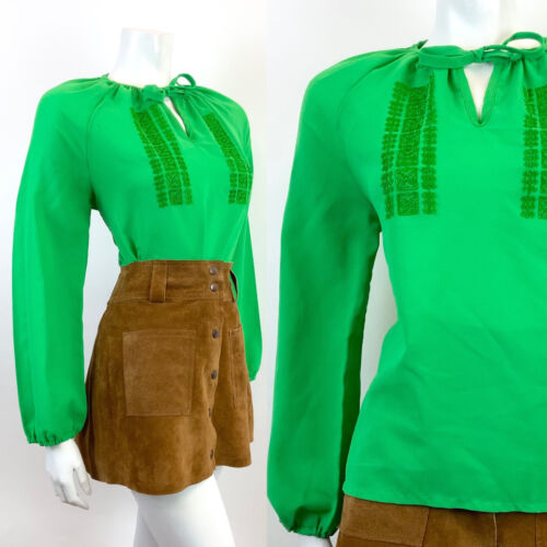 VINTAGE 60s 70s APPLE GREEN EMBROIDERED BOHO FOLK PEASANT BLOUSE TOP 12 14