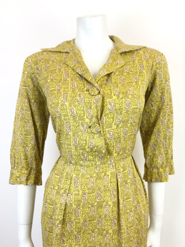 VTG 60s 70s YELLOW BEIGE BLACK SWIRLING GEOMETRIC PSYCHEDELIC SHIRT DRESS 12 14