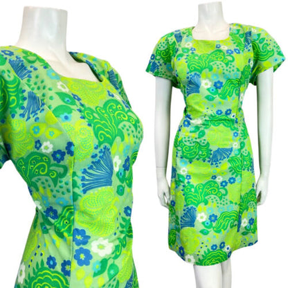 VINTAGE 60s 70s APPLE LIME GREEN BLUE PSYCHEDELIC SWIRL DAISY MOD DRESS 12