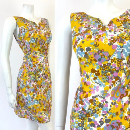 VTG 60s 70s WHITE PINK YELLOW BLUE PSYCHEDELIC FLORAL SLEEVELESS MOD DRESS 12 14