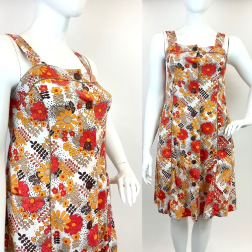 VTG 60s 70s WHITE ORANGE BROWN FLORAL DOTTY PSYCHEDELIC PINAFORE APRON DRESS 14