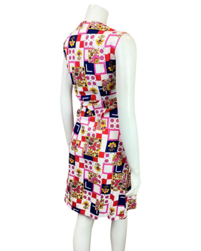 VINTAGE 60s 70s WHITE RED BLUE FLORAL GEOMETRIC PATCHWORK SLEEVELESS DRESS 12 14