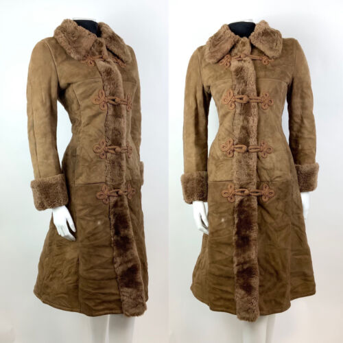 VTG 60s 70s TAWNY BROWN SUEDE SHEARLING FUR BROCADE RUSSIAN PRINCESS COAT 10 12