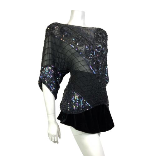 VTG 70s BLACK SEQUIN BEADED GEOMETRIC CHECKED DISCO GLAM SHEER SILK TOP 20 22