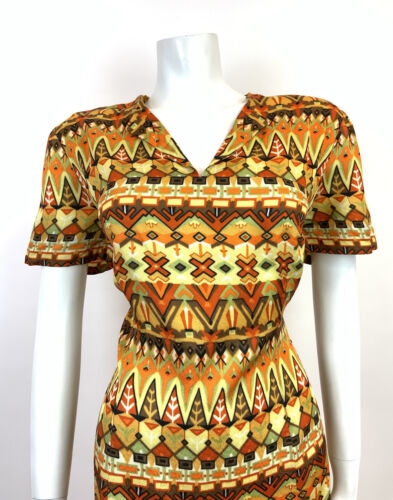 VTG 60s 70s YELLOW ORANGE GREEN BLACK GEOMETRIC AZTEC PSYCHEDELIC DRESS 12 14