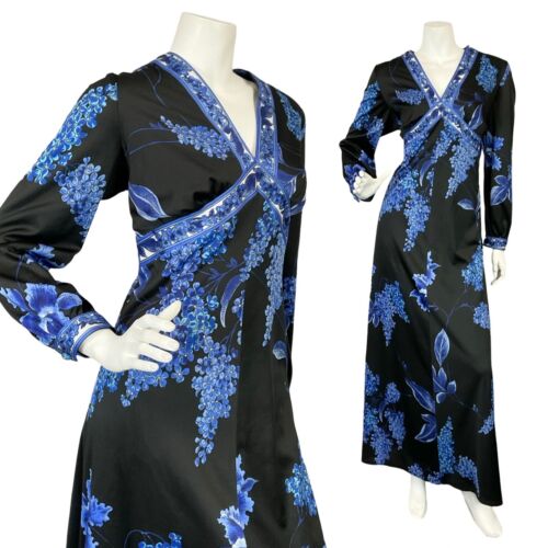 VTG 70S BLACK BLUE FLORAL PLUNGING NECKLINE BOHO HIPPY MAXI LONG SLEEVE DRESS 16