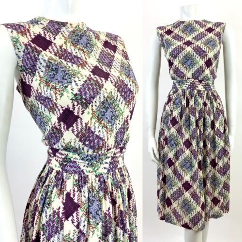 VTG 60s 70s WHITE PURPLE GREEN ORANGE CHECKED PLAID BLOUSON SLEEVELESS DRESS 10