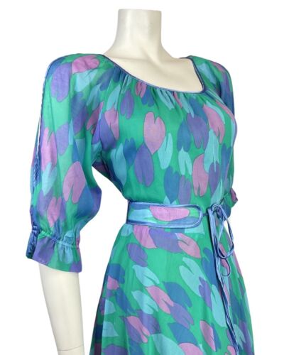 VTG 70s 80s GREEN BLUE PURPLE TULIP ABSTRACT BELTED BLOUSON SWING DRESS 10 12