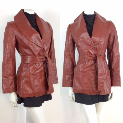 CLASSIC TRUE VINTAGE 60s 70s  BROWN BURGUNDY WINE LEATHER WRAP JACKET 8 10 12