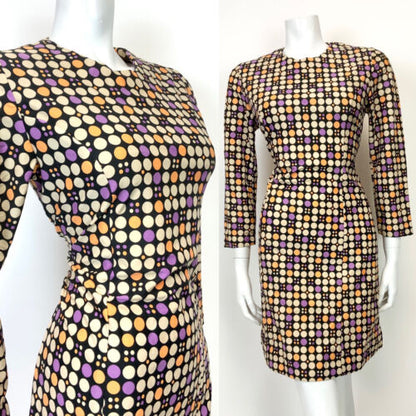 VTG 60s 70s STYLE 90s BLACK BEIGE PURPLE POLKA-DOT MOD SHORT SCOOTER DRESS 10 12