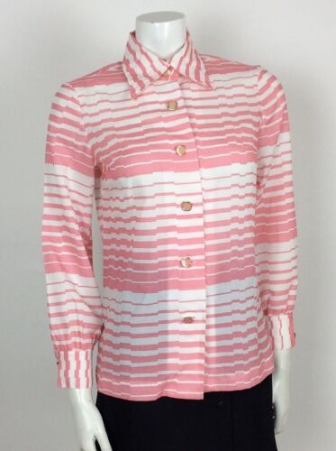 70s VTG PINK WHITE DAGGER COLLAR STRIPE PRINT SHIRT BLOUSE 12