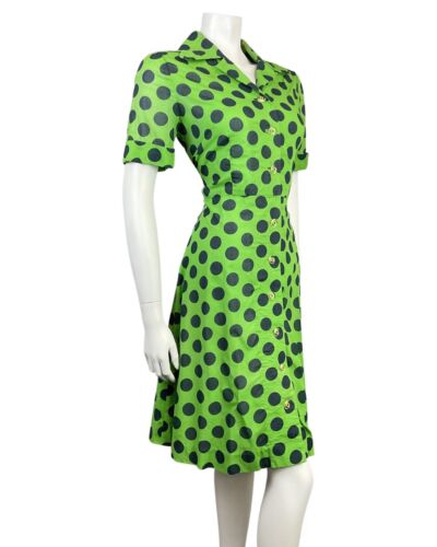 VINTAGE 60s 70s APPLE GREEN BLUE POLKA-DOT MOD DAGGER SHIRT DRESS 12 14