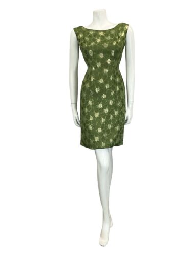 VTG 60S GREEN GOLD BROCADE BOAT NECK SLEEVELESS PARTY WIGGLE MIDI DRESS 8 10