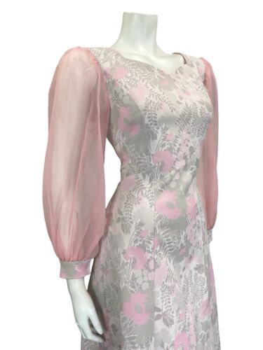 VTG 60S PINK GREY SILVER  FLORAL SWEETHEART MESH SLEEVE PARTY MINI DRESS 12