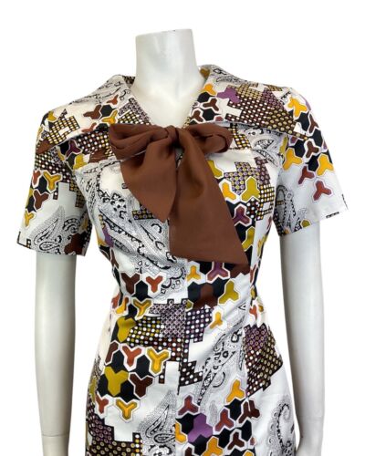 VTG 60s 70s WHITE BROWN YELLOW GEOMETRIC DOTTY FLORAL MOD WING SHIRT DRESS 16