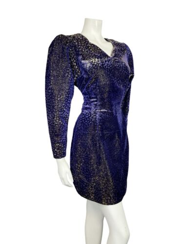 VTG 70S BLUE PURPLE GOLD LUREX VELVET MUTTON SLEEVE SWEETHEART PARTY DRESS 6