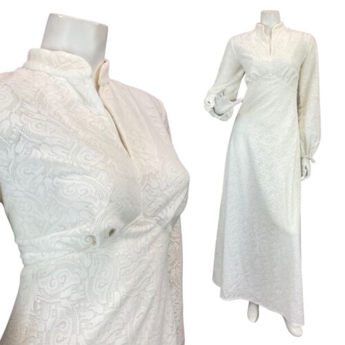 VTG 60s 70s WHITE EMBROIDERED FLORAL SWIRL WEDDING BRIDAL PRAIRIE MAXI DRESS 10