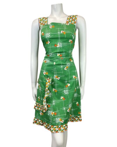 VINTAGE 60s 70s APPLE GREEN WHITE YELLOW FLOWER MOD SUMMER SUN DRESS 8