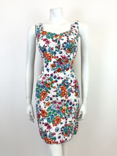 VTG 60s 70s WHITE BLUE RED GREEN FLORAL SWEETHEART PINAFORE APRON SUNDRESS 8