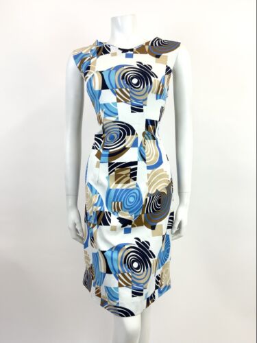 VTG 60s 70s WHITE BLUE BROWN GEOMETRIC PSYCHEDELIC SWIRL MOD SLEEVELESS DRESS 16