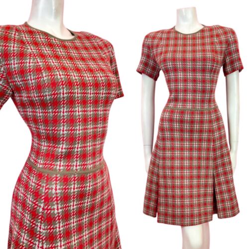 VINTAGE 60s 70s RED GREY WHITE PLAID CHECKED MOD PLEATED WOOL DRESS 10 12