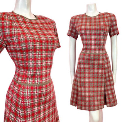 VINTAGE 60s 70s RED GREY WHITE PLAID CHECKED MOD PLEATED WOOL DRESS 10 12