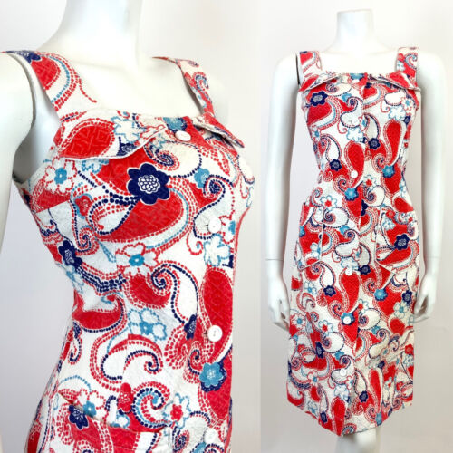 VTG 60s 70s WHITE RED BLUE FLORAL DOTTY PAISLEY PSYCHEDELIC MOD SUNDRESS 8 10