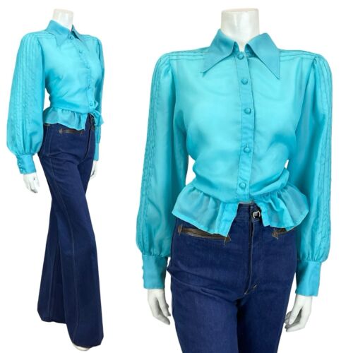 VTG 70S BRIGHT BLUE DAGGER COLLAR BISHOP SLEEVE ELASTICATED WAIST SHIRT S 8 10