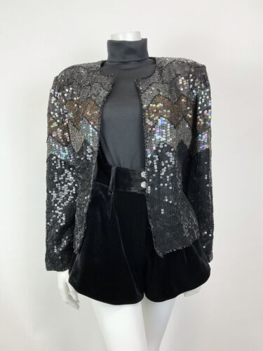 VTG 70s 80s BLACK BRONZE IRIDESCENT DISCO PARTY SEQUIN TROPHY JACKET 14 16