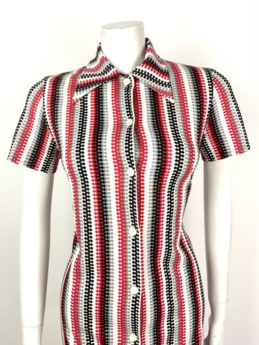 VTG 60s 70s WHITE SILVER BLACK RED STRIPED MOD DAGGER COLLAR SHIRT DRESS 12 14