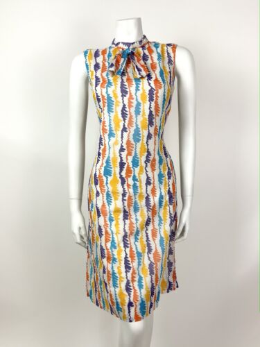 VTG 60s 70s WHITE PURPLE YELLOW BLUE STRIPED SQUIGGLE SHIFT DRESS 10