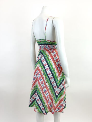 VTG 60s 70s WHITE GREEN RED BLUE FLORAL STRIPED DOTTY STRAPPY FOLK SUNDRESS 12