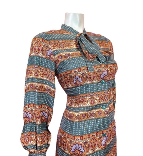 VINTAGE 60s 70s BLUE ORANGE PURPLE PSYCHEDELIC ACANTHUS PUSSYBOW SHIRT DRESS 12