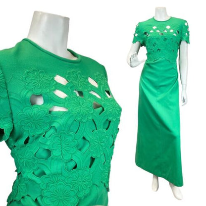 VINTAGE 60s 70s APPLE GREEN FLORAL EMBROIDERED CUT-OUT MOD MAXI DRESS 14