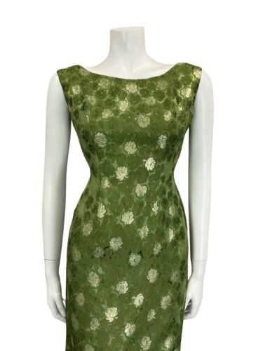 VTG 60S GREEN GOLD BROCADE BOAT NECK SLEEVELESS PARTY WIGGLE MIDI DRESS 8 10