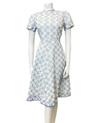 VINTAGE 60s 70s WHITE BLUE GEOMETRIC EMBROIDERED MOD SWING TEA DRESS 12