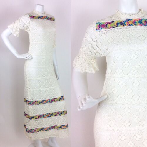 VTG 60S 70S WHITE CREAM EMBROIDERED CROCHET MAXI DRESS 6 8