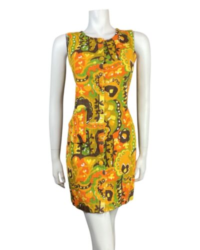 VTG 60s 70s YELLOW ORANGE GREEN PSYCHEDELIC FLORAL TERRY TOWELLING MOD DRESS 8