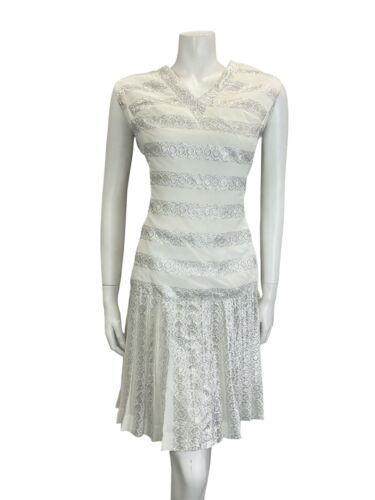 VTG 60S WHITE SILVER METALLIC RIBBON DROPPED WAIST PLEATED PARTY MIDI DRESS 14