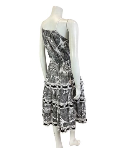 VTG 70s WHITE BLACK FLORAL CROCHETED BOHO FOLK PRAIRIE TIERED SUMMER DRESS 8 10