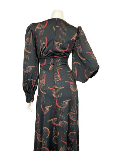 VTG 70S BLACK RED BROWN GEOMTRIC ROMNTIC BISHOP SLEEVE BASQUE WAIST MAXI DRESS 8