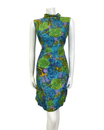 VINTAGE 60s 70s BLUE GREEN YELLOW FLORAL ROSE PSYCHEDELIC SLEEVELESS DRESS 14 16
