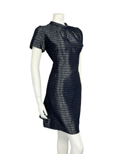 VTG 60S NAVY BLUE STEEL GREY SHINY DIAMOND GEOMETRIC MOD PARTY MINI DRESS 12