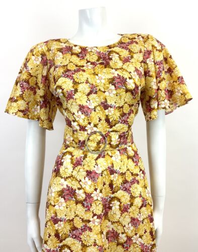 VTG 60s 70s YELLOW RED BROWN FLORAL PSYCHEDELIC BELL SLEEVE SWING DRESS 10 12