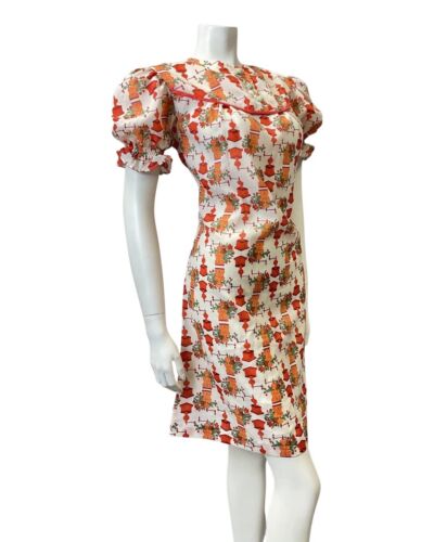 VTG 60s 70s WHITE RED ORANGE FLORAL COFFEE GRINDER PUFF SLEEVE MOD DRESS 12 14