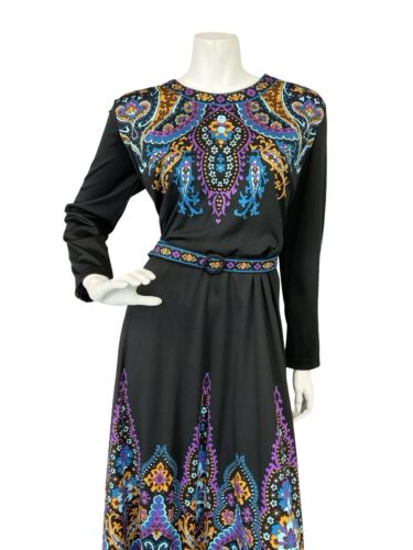 VTG 70S BLACK BLUE PURPLE BELTED PSYCHDELIC HIPPY MANDALA MAXI DRESS 16 18 L