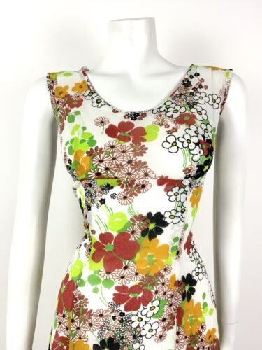 VTG 60s 70s WHITE GREEN RED BLACK FLORAL PSYCHEDELIC CREPE SUN DRESS 10 12