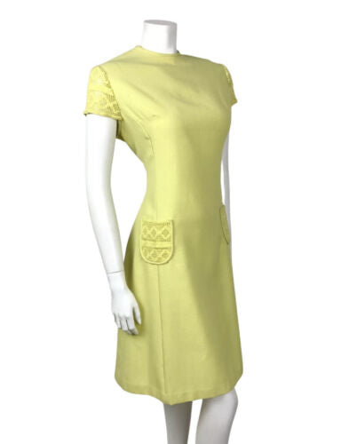 VINTAGE 60s 70s LEMON LIME YELLOW CROCHETED SUMMER DRESS 16 18